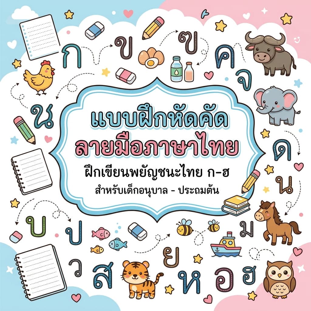 ใบงานฝึกเขียนพยัญชนะไทย ก-ฮ สำหรับเด็ก คัดไทยพร้อมภาพประกอบสี